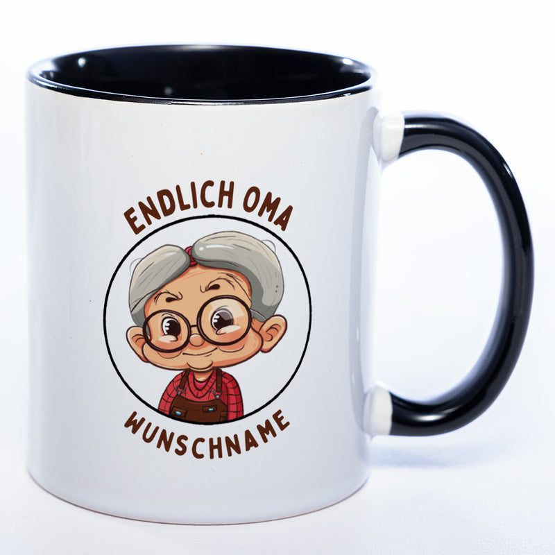 "Endlich Oma"-Tasse mit Wunschnamen - spülmaschinenfest
