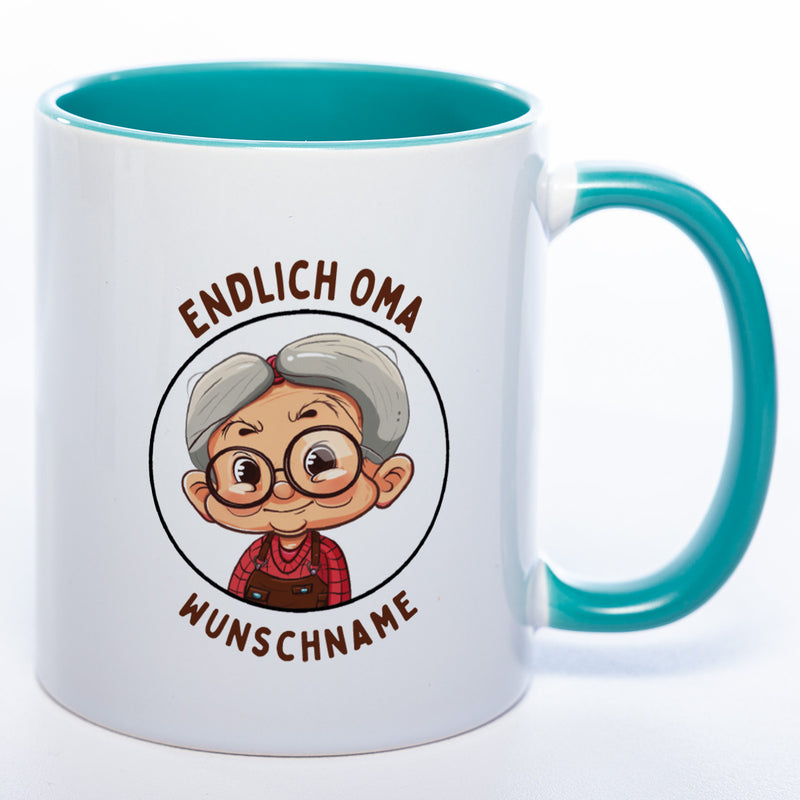 "Endlich Oma"-Tasse mit Wunschnamen - spülmaschinenfest