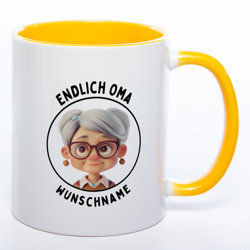 "Endlich Oma"-Tasse mit Wunschnamen - spülmaschinenfest