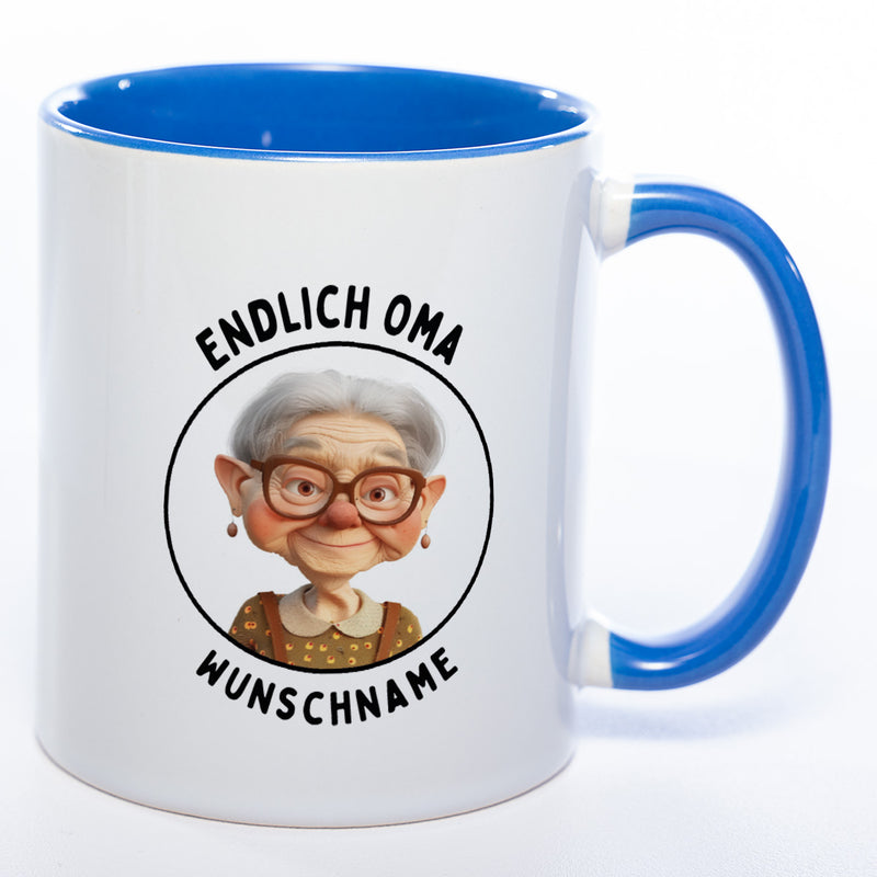 "Endlich Oma"-Tasse mit Wunschnamen - spülmaschinenfest