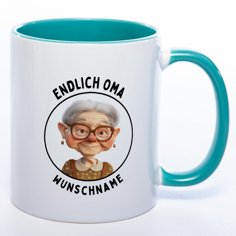 "Endlich Oma"-Tasse mit Wunschnamen - spülmaschinenfest