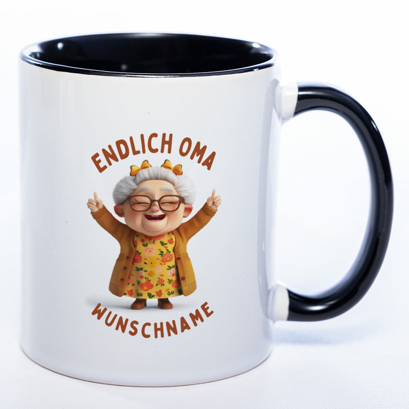 "Endlich Oma"-Tasse mit Wunschnamen - spülmaschinenfest