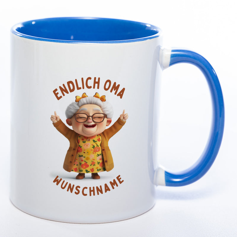 "Endlich Oma"-Tasse mit Wunschnamen - spülmaschinenfest