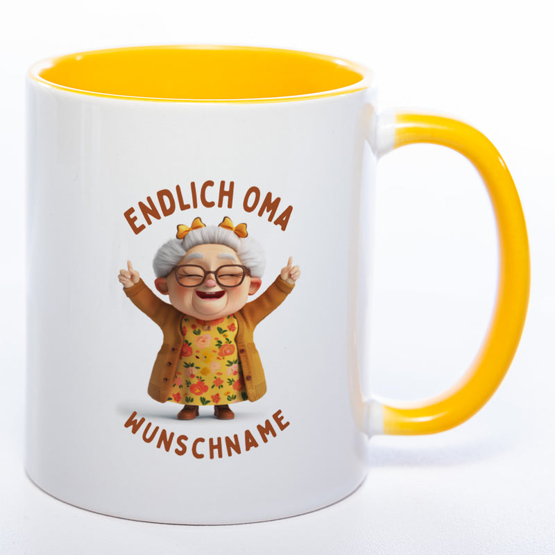 "Endlich Oma"-Tasse mit Wunschnamen - spülmaschinenfest