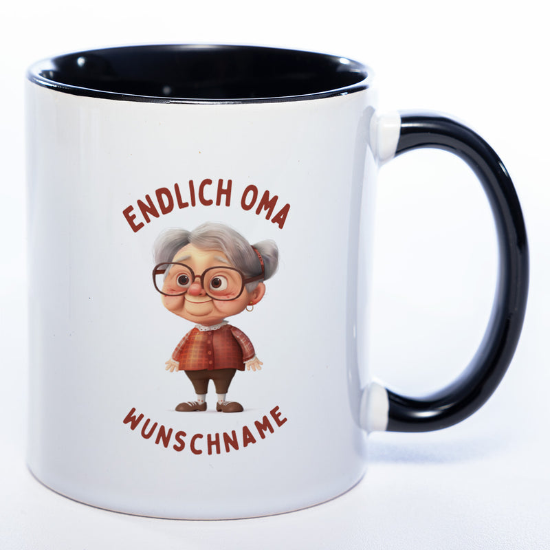 "Endlich Oma"-Tasse mit Wunschnamen - spülmaschinenfest