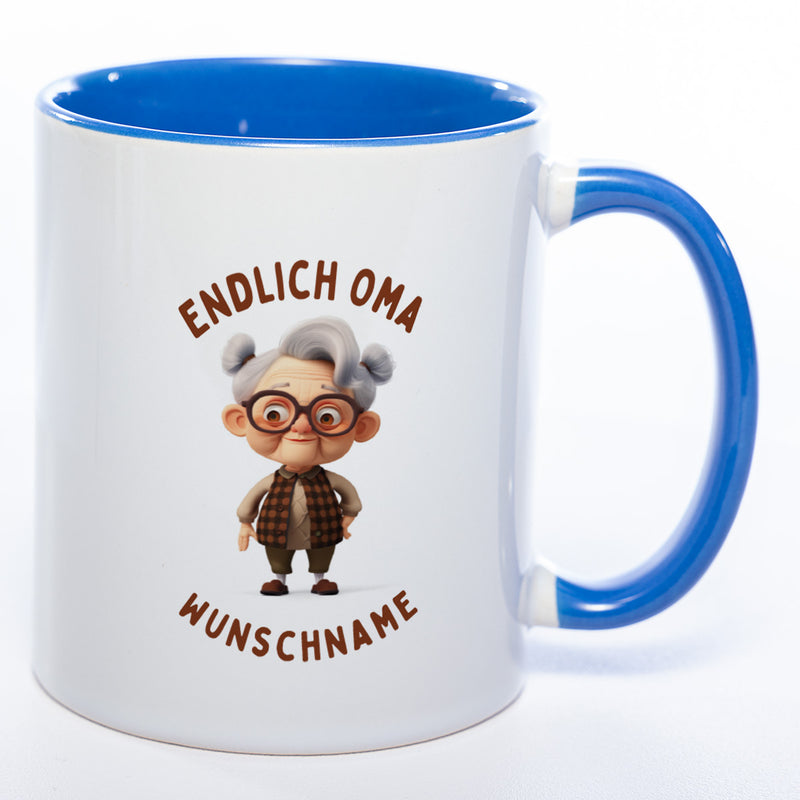"Endlich Oma"-Tasse mit Wunschnamen - spülmaschinenfest