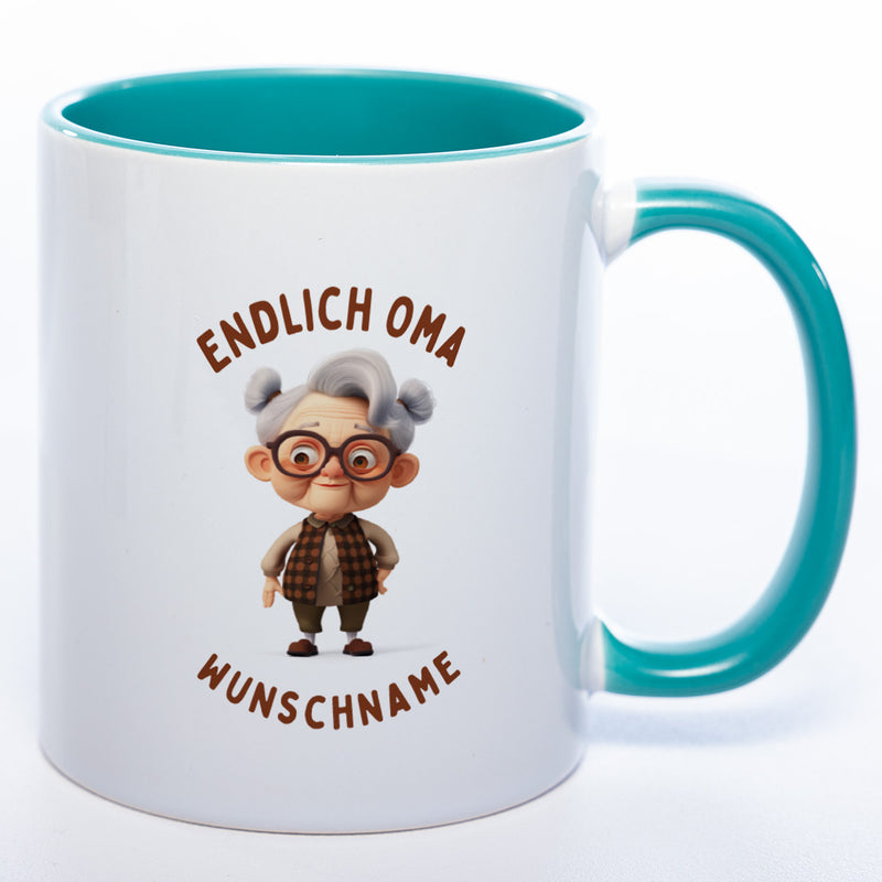 "Endlich Oma"-Tasse mit Wunschnamen - spülmaschinenfest