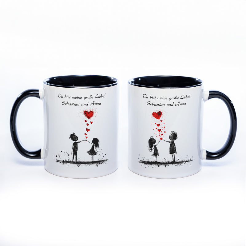 Motiv-Tasse mit Liebespaaren "Du bist meine große Liebe" und  2  Namen spülmaschinenfest