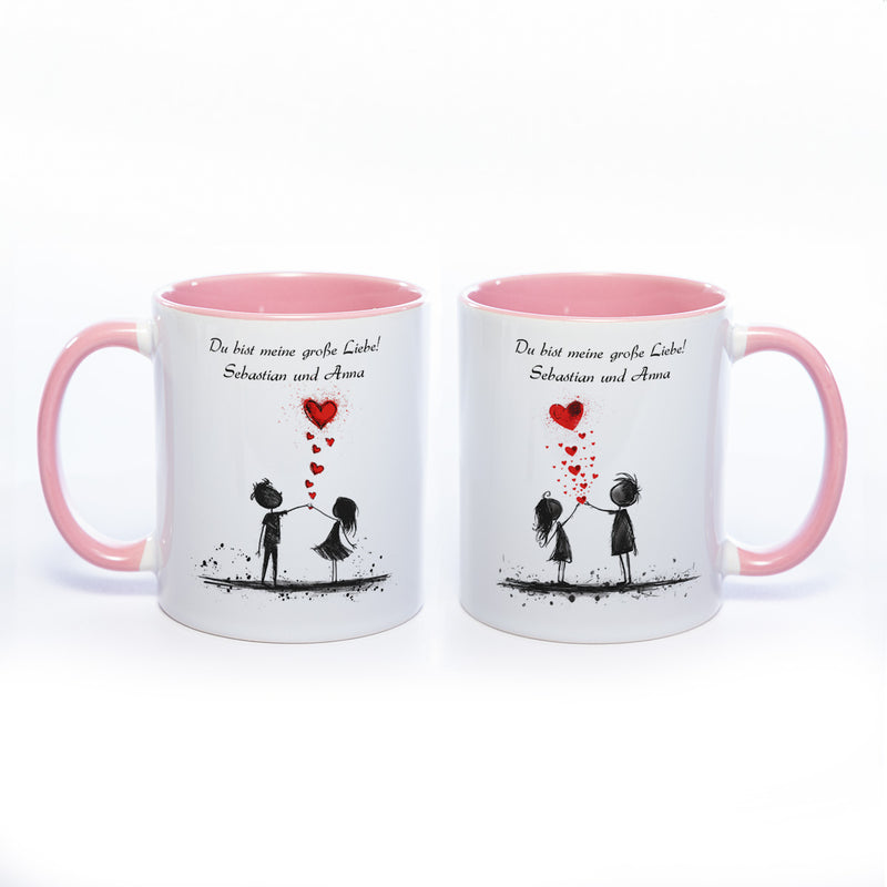 Motiv-Tasse mit Liebespaaren "Du bist meine große Liebe" und  2  Namen spülmaschinenfest