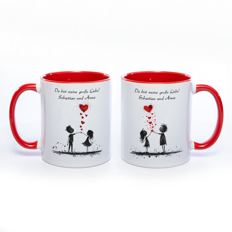 Motiv-Tasse mit Liebespaaren "Du bist meine große Liebe" und  2  Namen spülmaschinenfest