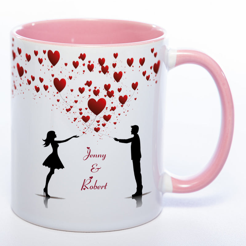 Motiv - Tasse mit Liebespaar, Herzen und 2 Wunschnamen spülmaschinenfest