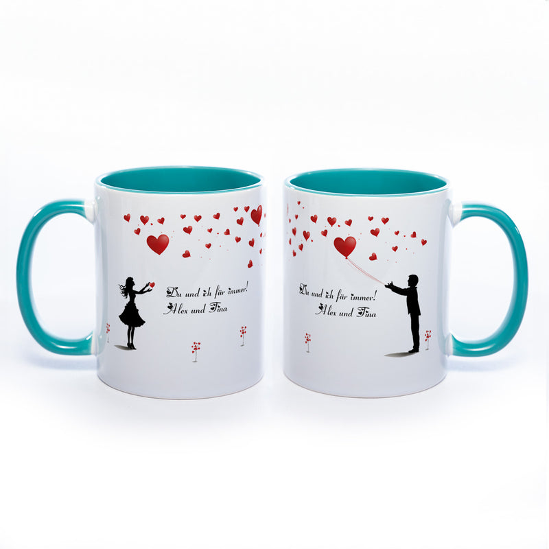 Motiv - Tasse mit Liebespaar und Wunschtext spülmaschinenfest