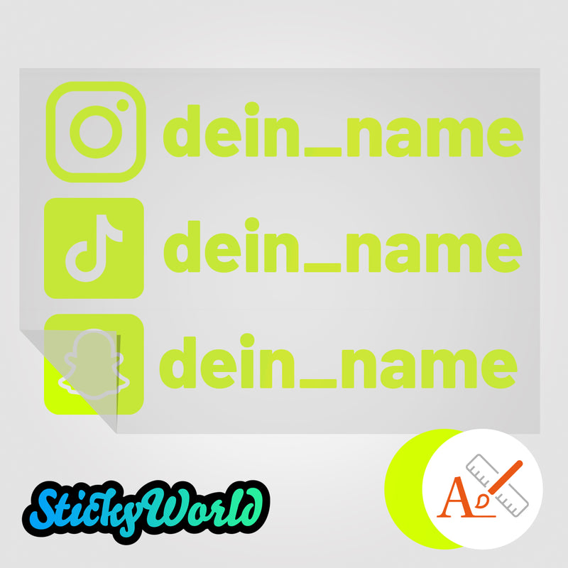 Dreifacher Social Media Sticker mit Deinem Namen in Sonderfarben GLITZER, REFLEKTOR, HOLO,  GOLD, SILBER, NEON, FARBWECHSEL, MILCHGLAS