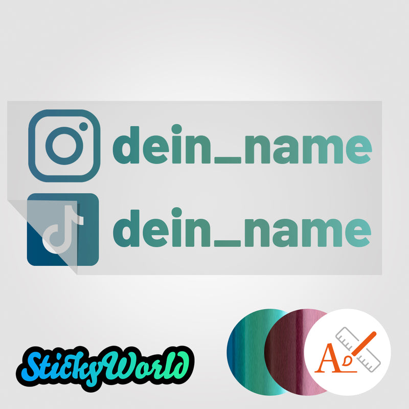Doppelter Social Media Sticker mit Deinem Namen in Sonderfarben GLITZER, REFLEKTOR,  HOLO, GOLD, SILBER, NEON, FARBWECHSEL, MILCHGLAS