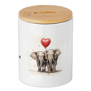 Keramikspardose mit Bambusdeckel zum Öffnen in weiß mit einem Elefantenpaar und roten Luftballon und Wunschtext
