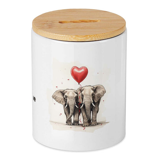 Keramikspardose mit Bambusdeckel zum Öffnen in weiß mit einem Elefantenpaar und roten Luftballon und Wunschtext